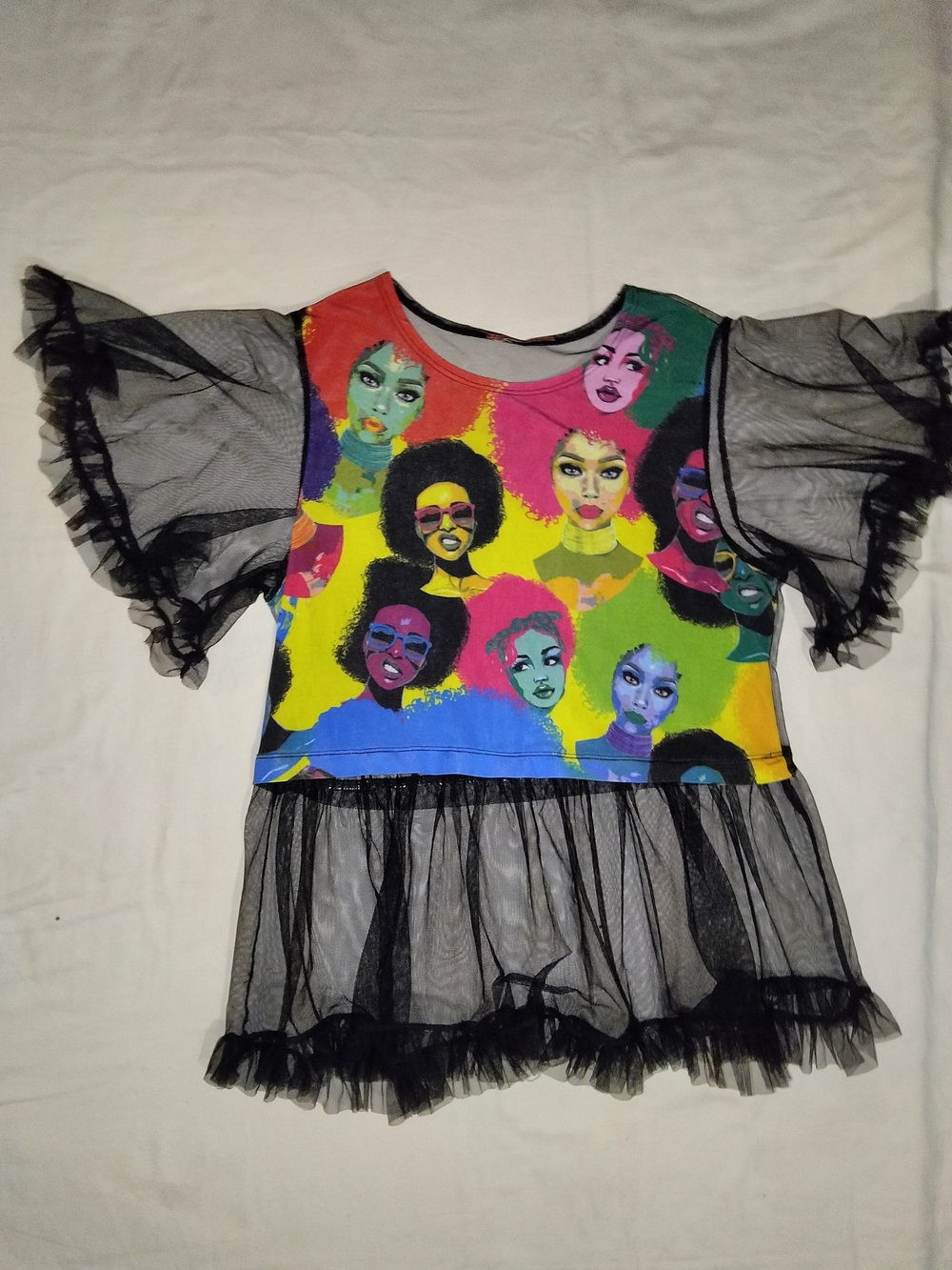Multicolor Portrait Tulle Top - Black Tulle